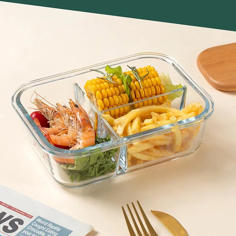 825ml Square Clear Partition Lunch Boxes Microwave Glass Bowl Glass Crisper